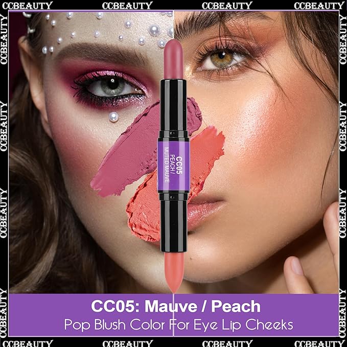 CCbeauty 2pcs 2-IN-1 Shimmer Contour Highlighter Stick with Blush,Cream Dual-End Highlight Bronzer Concealer & Blusher for Cheeks & Lip, Long Lasting Contouring for Face Shaping Makeup, Light-Medium