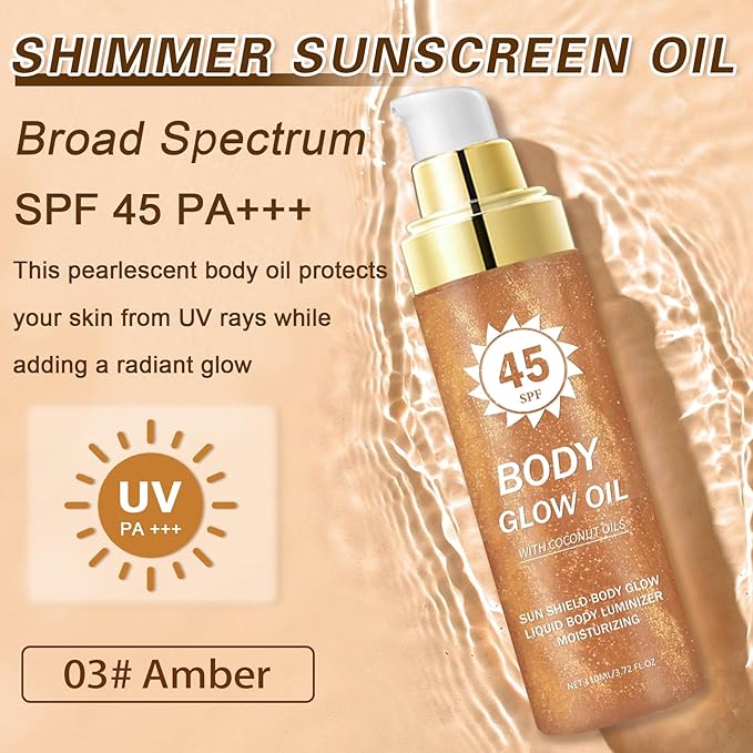 Shimmer Sunscreen,SPF 45 Broad Spectrum,Body Shimmer Oil with Gold Mica,Moisturizing Coconut,Water Resistant Body Glow Oil,Glowing Results,3.72 fl oz,AMBER