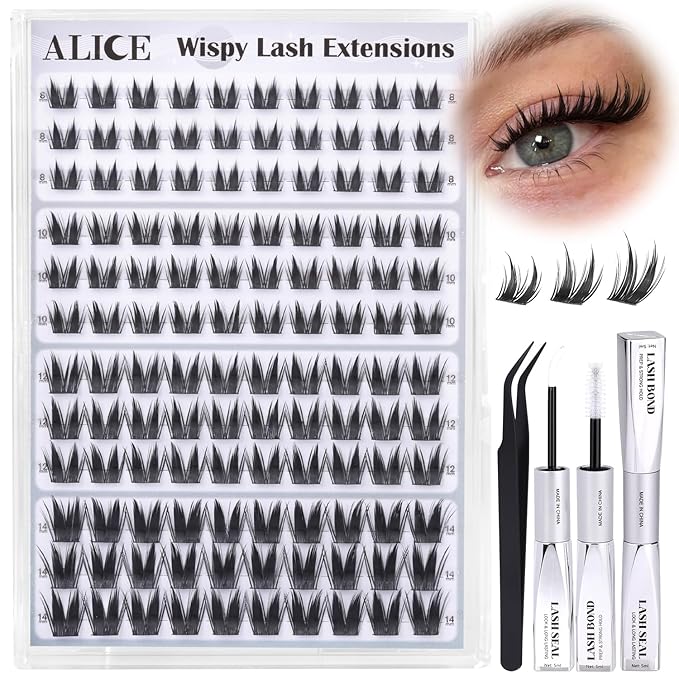 ALICE Bunny Lash Clusters Kit Wispy Manga Eyelash Clusters Kit Anime Cluster Eyelash Extension Kit Manga 8mm-14mm Thin Band Individual Lashes 2 Spikes with Bond and Seal DIY at Home