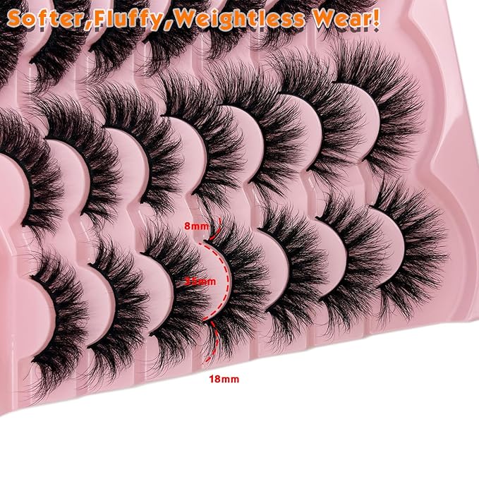loladook Mink Lashes Pack 3D Cat Eye Strip Lashes Wispy D Curl Faux Mink Eyelashes Natural 18mm Long Dramatic Fluffy Eyelashes Pack 2 Styles