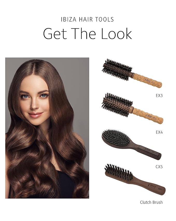 Ibiza Hair Round Boar Bristle Brush (EX4-65mm) | Lightweight with Reinforced Bristles & Cork Handle | Ideal for Crown Volume | Adds Texture & Shine for Medium to Long Styles