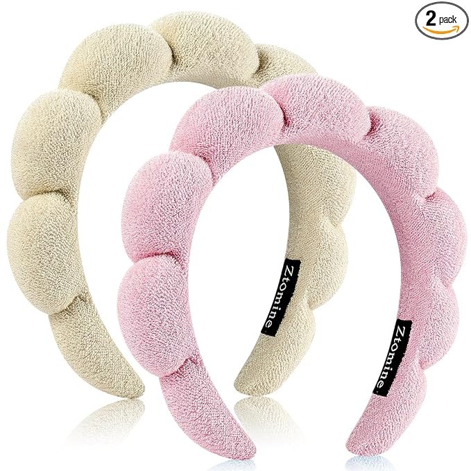 Ztomine Headband, Set of 2 - Terry Cloth Spa Headbands for Washing Face or Facial, Puffy Makeup Headbands for Face Washing, Mask - 1 Beige + 1 Pink