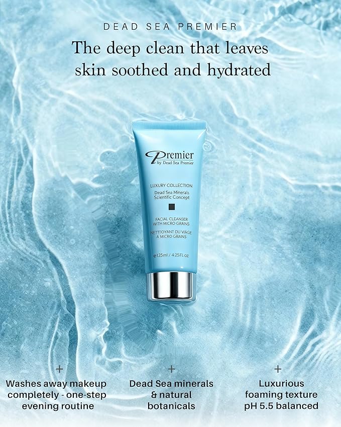 Premier Dead Sea Facial Cleanser with Micro Grains, Luxury collection foaming face wash, daily use skin care, nondrying, Skin Care with aloe vera, witch hazel, Dermatologist Tested 4.4fl oz