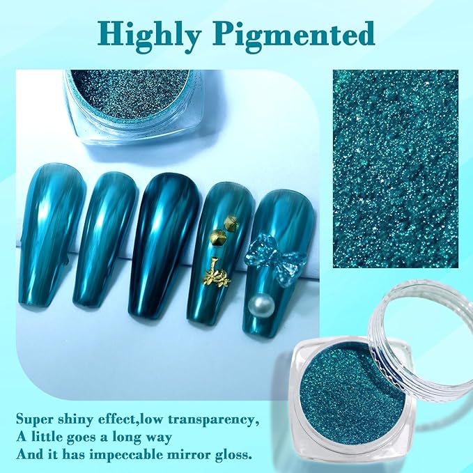 Chrome Nail Powder, Metallic Mirror Effect Holographic Shimmer Glitter Dust Manicure Decoration Nail Art Pigment for DIY Gel Polish Nail Art, Resin Craft, Salon, Gifts - Lake Blue