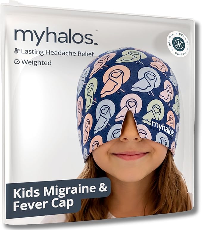 MyHalos® Children's Migraine Relief Cap - Kids Headache Relief for Fever, Bumps & Bruises - Cooling Gel Headache Ice Pack - Ice Pack Hat for Boo Boos - Cold Head Wrap (Multicolor)