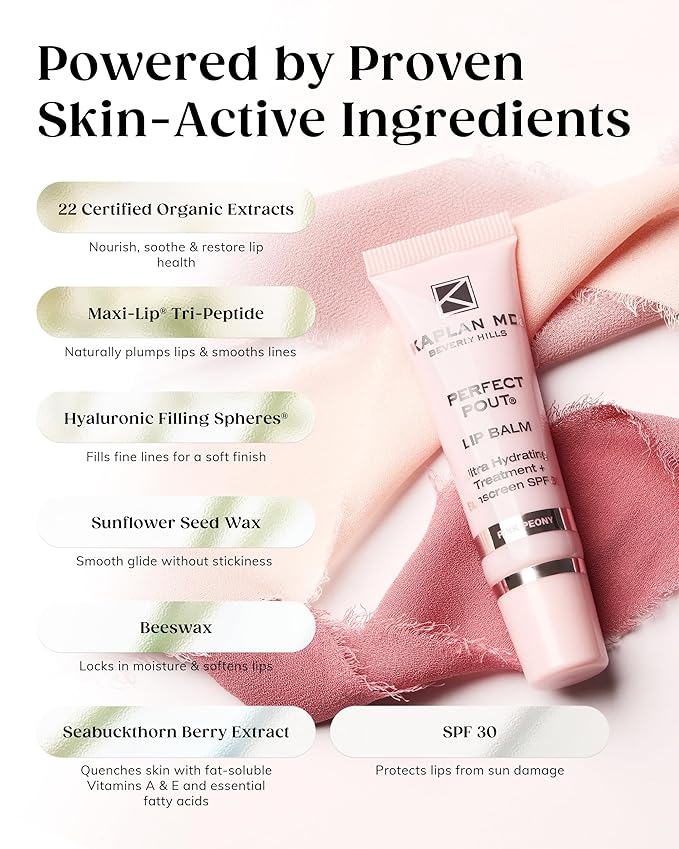 KAPLAN MD Perfect Pout SPF Lip Balm - Ultra Hydrating Lip Treatment for Dry, Chapped Lips - Sunscreen SPF 30 - Smooths Fine Lines - Glossy Finish - Non-Sticky Texture - Rose Blush