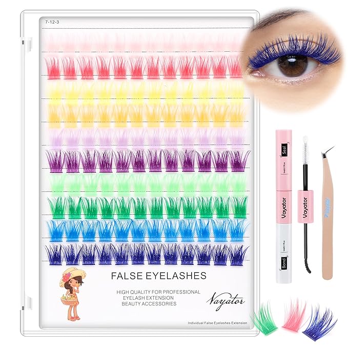 →VAYATOR Wide Stem With Various Colored False Eyelashes D Curl Eyelash String 10-20mm Choose Professional Makeup Personal Eyelash String Grafted Eyelash Extension Cluster（10 colors-14mm Lashes Kit）