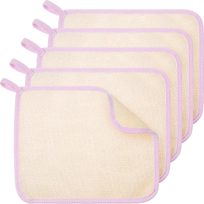 Tatuo 5 Pcs Exfoliating Face and Body Wash Cloths Towel Weave Bath Exfoliating Scrub Massage Bath Cloth for Women and Men, 10.23 x 8.66 Inch(Pink Edge)