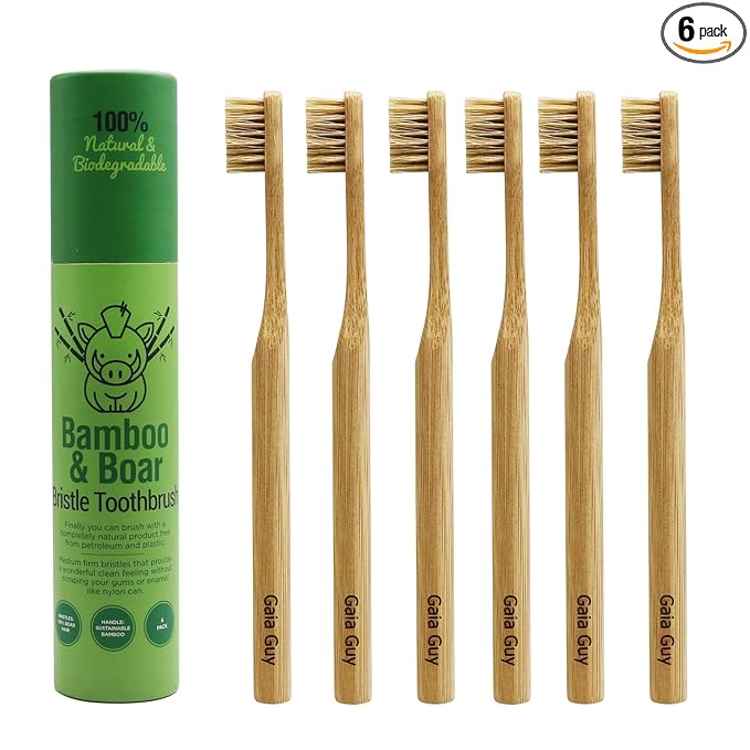 Gaia Guy Natural Bristle Bamboo Toothbrush (NO Nylon - Boar Hair ONLY) - Totally Compostable & Biodegradable Boar Bristle and Bamboo Toothbrushes - Zero Waste - 6-Pack