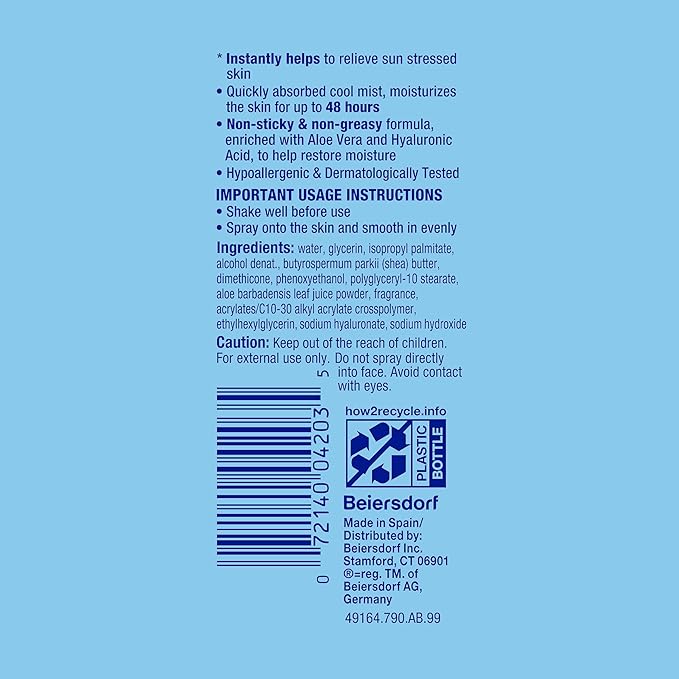 Coppertone After Sun Mist With Aloe Vera and Hyaluronic Acid, Soothing and Cooling Mist for Sun-Stressed Skin, Dermatologically Tested, Hypoallergenic After Sun Skin Care, 6.7 Oz Bottle
