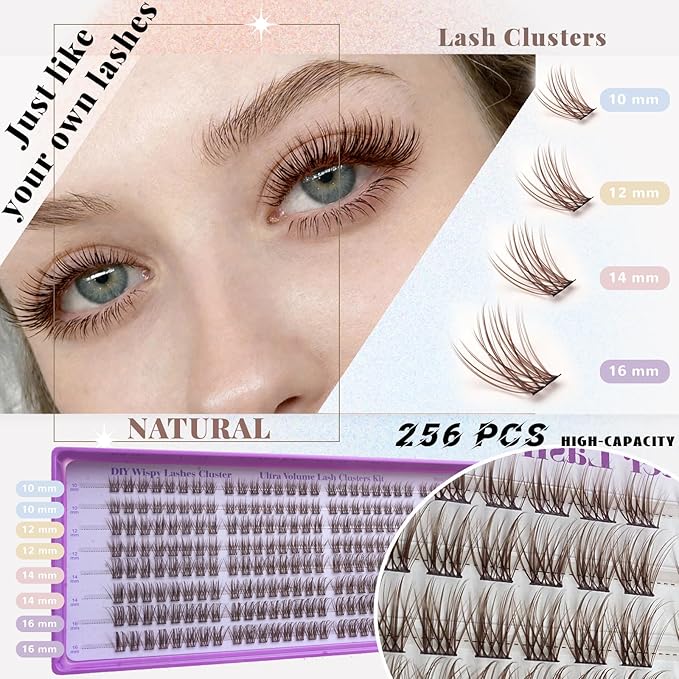 Wispy Lash Clusters Kit, Natural Lash Cluster Eyelash Extensions 256 Pcs C Curl 10-16mm Individual Fluffy False Eyelashes Thin Band DIY Kit for Beginners at Home