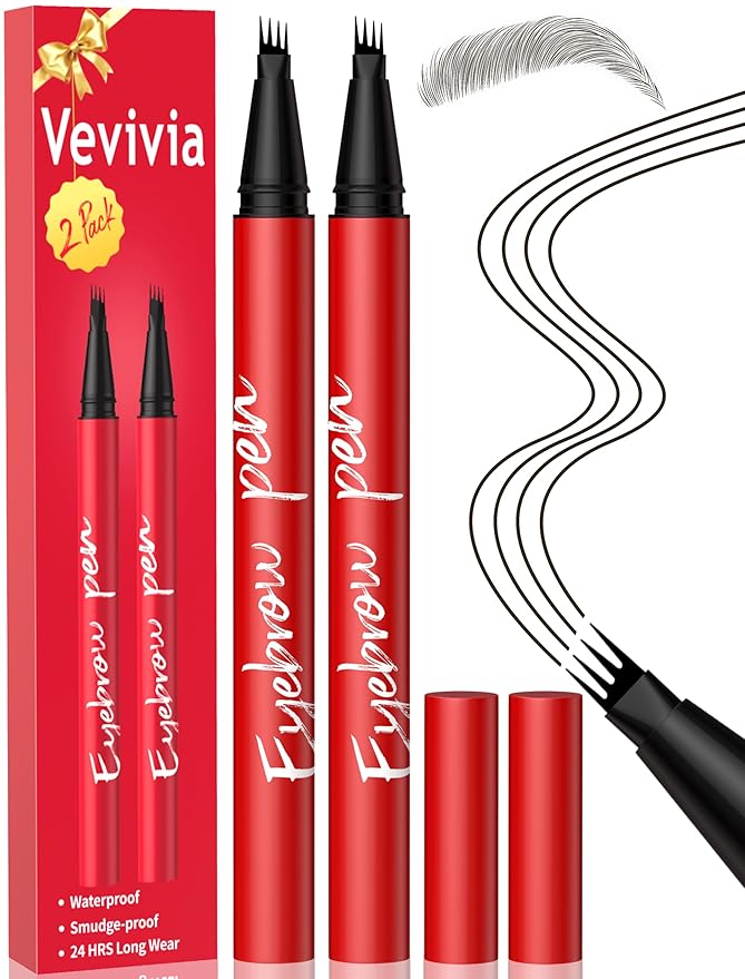 Vevivia Beauty Eyebrow Pencils for Women - Eyebrow Pen 2 Pack, Precise 4-Tip Brow Pencil for Natural-Looking Fuller Brows, Hair-Like Strokes for All Brow Types, Last All-Day Brow Pen, Black Brown