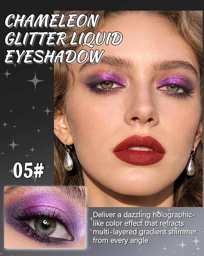 Glitter Liquid Eyeshadow, Chameleon Metallic Long-Lasting Eye Shadow, Holographic Multichrome Shimmer Eyeshadow, Colorful High Pigment Liquid Eye Shadow,Glow in the Dark Party Makeup Gift for Women-05