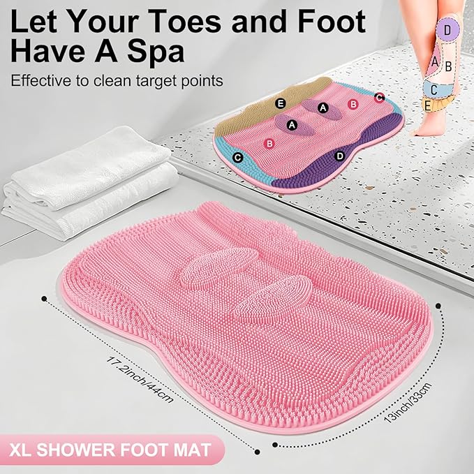 Bath Shower Foot Scrubber Mat - Silicone Shower Foot Scrubber Mat (XL) Cleaner Foot Toes Clean Pad Without Bending Non-Slip Suction Cups Bathroom mat 17.2 * 13 inch - Pink