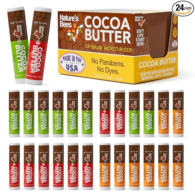 Nature's Bees Cocoa Butter Lip Balm, Lip Care for Dry Lips, Coconut Oil, Beeswax, Vitamin E, Aloe, & Shea Butter, 0.15 oz Each, 3 Flavors Coconut, Cherry, and Mint, 24 Pack - Packaging May Vary