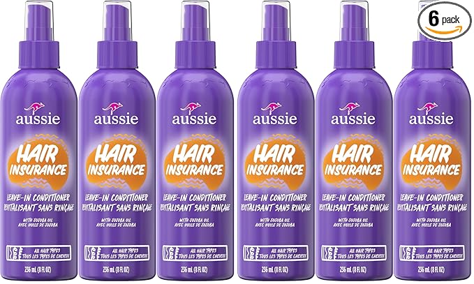 Aussie Hair Insurance Leave-In Conditioner Spray: Moisturizing Frizz Control & Detangler with Jojoba Oil (8 Fl Oz Each) (Pack of 6)