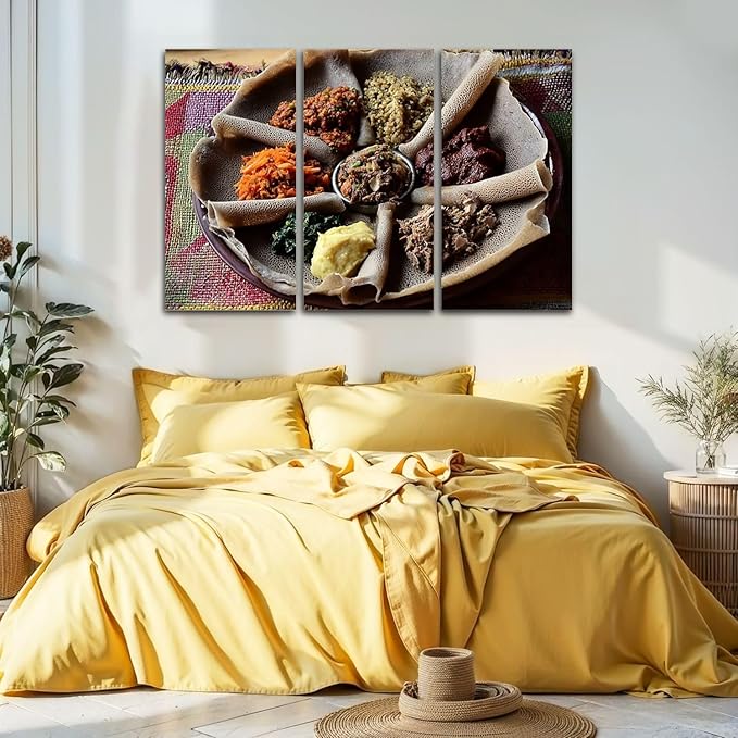 3 Piece Canvas Wall Art Prints Picture traditional ethiopian ethiopian foods pictures Framed Wall Painting Modern Artwork Poster Home Decor for Living Room Office Ready to Hang