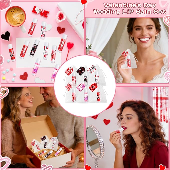 50 Set Valentines Party Favors Galentines Day Gifts Valentine Lip Balms Gloss Bulk for Women 6 Assorted Flavors Chapstick with Organza Bags and Cards for Wedding Bridal Shower Birthday