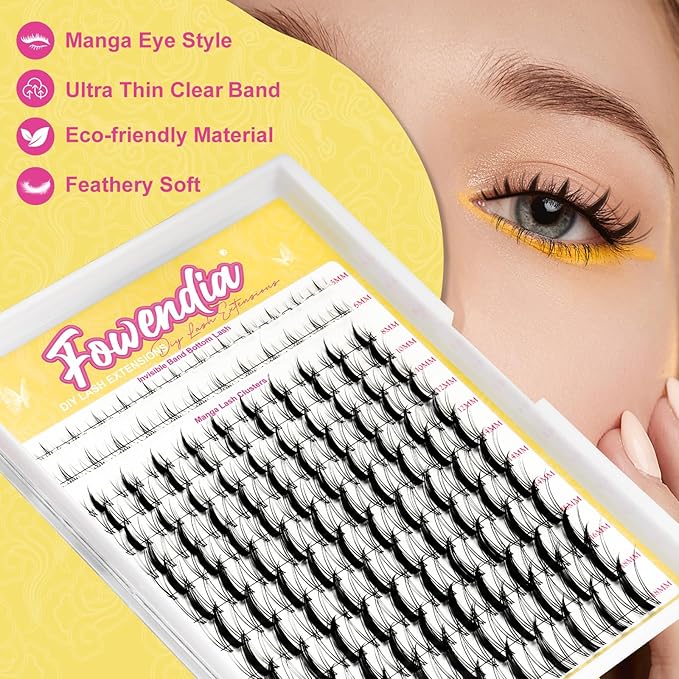 Fowendia Manga Lash Clusters Wanna Be 8-18mm Fairy Eyelash Clusters DIY Lash Extension Invisible Band 0.3mm Wispy Natural Individual Cluster Eyelash Extensions