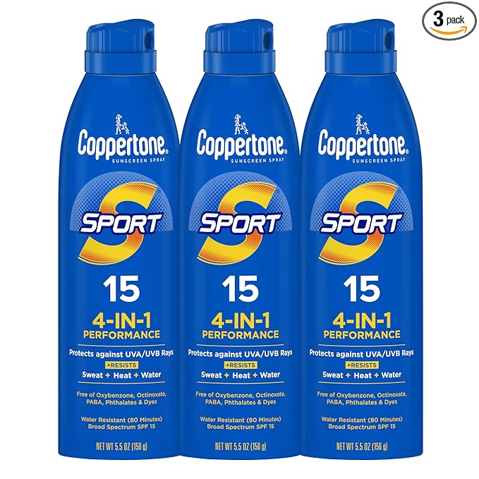Coppertone Sport Sunscreen Spray, Broad Spectrum SPF 15 Water Resistant Spray Sunscreen, 5.5 Oz, Pack of 3