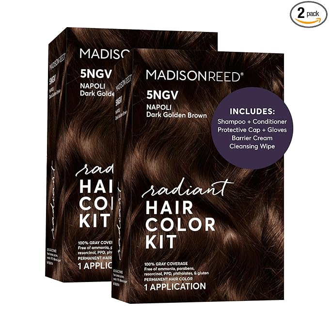 Madison Reed Radiant Hair Color Kit - 5NGV Dark Golden Brown with Warm Tones (Napoli Brown), Dimensional Gray Hair Blending Permanent Hair Dye, PPD-Free & Ammonia-Free, 2 Pack