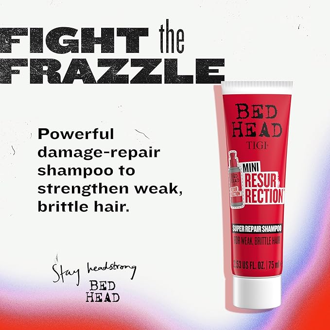 Bed Head by TIGI Resurrection Super Repair Shampoo Travel Mini – Repairing shampoo for dry, brittle and damaged hair with added moisture and nourishment, 2.53 fl oz (Pack of 2)