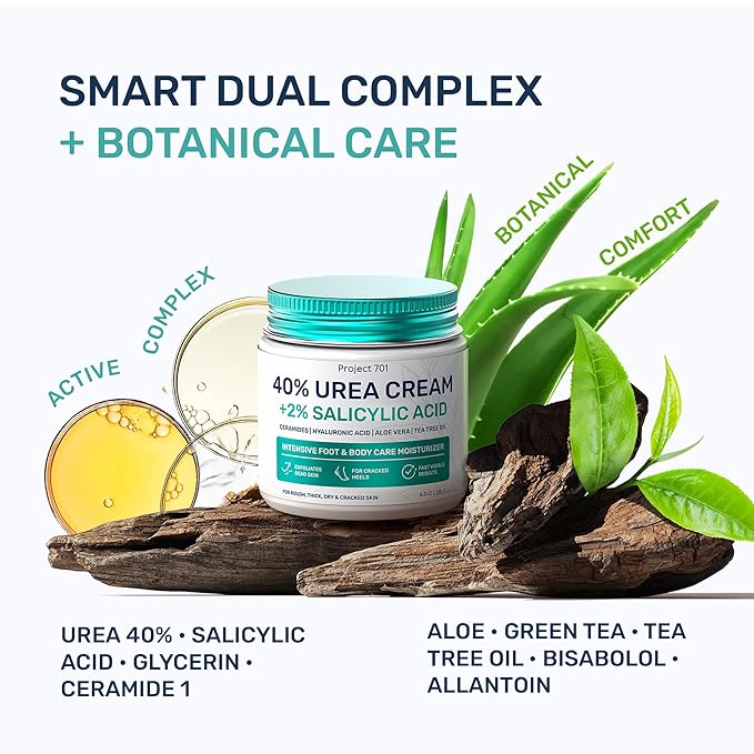 Urea Cream 40 Percent for Feet Maximum Strength - Urea Foot Cream and Callus Remover, Exfoliating Heels Cream with Salicylic Acid - Dry Cracked Foot Lotion Urea, Ceramides, Tea Tree Oil, 4.3 oz