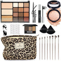 All-In-One Makeup Kit for Women, Full Face Makeup Set with 15-Shade Eyeshadow Palette(Highlighter, Contour), Baked Powder Foundation, Makeup Brushes, Leopard Print Cosmetic Bag&etc., Beginner Friendly