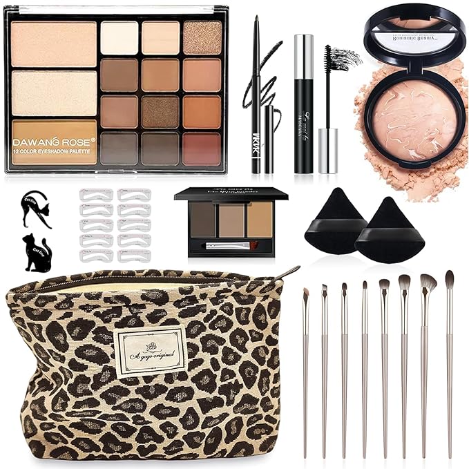 All-In-One Makeup Kit for Women, Full Face Makeup Set with 15-Shade Eyeshadow Palette(Highlighter, Contour), Baked Powder Foundation, Makeup Brushes, Leopard Print Cosmetic Bag&etc., Beginner Friendly