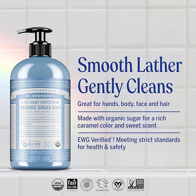 Dr. Bronner's Organic Sugar Soap (Baby Unscented, 12 Ounce) - Made with Regenerative Certified Organic Oils, Sugar & Shikakai Powder, 4-in-1 Use: Hands, Body, Face and Hair- Liquid Soap, Nourishes