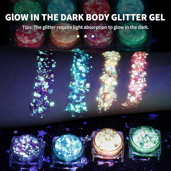 Glow in The Dark Body Face Glitter Gel for Women, 6 Colors Glitter Gel Makeup Chunky Fine Glitter, UV Black Light Accessories for Body/Face/Hair/Eyeshadow, Carnival Party(Not Loose Glitter)