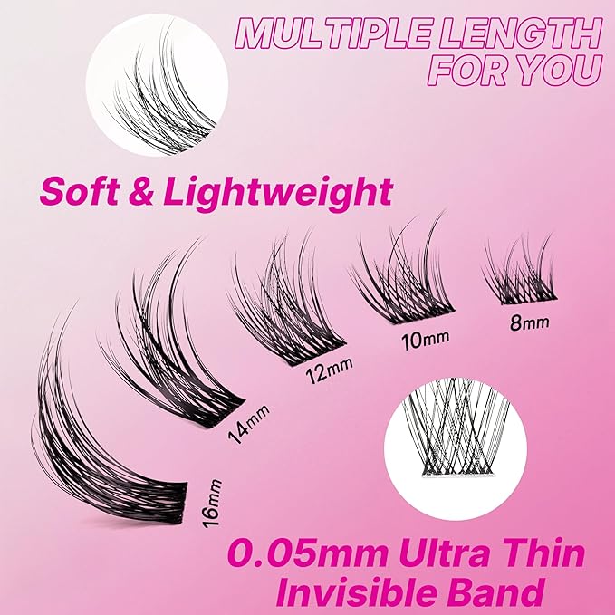 VEYESBEAUTY Lash Clusters Individual Eyelash Extensions Thin & Invisible Band DIY False Eyelashes for Self-application Newbie's Five-Second Series Wispy Lash Tray, LuxeBold 14mm Single Length