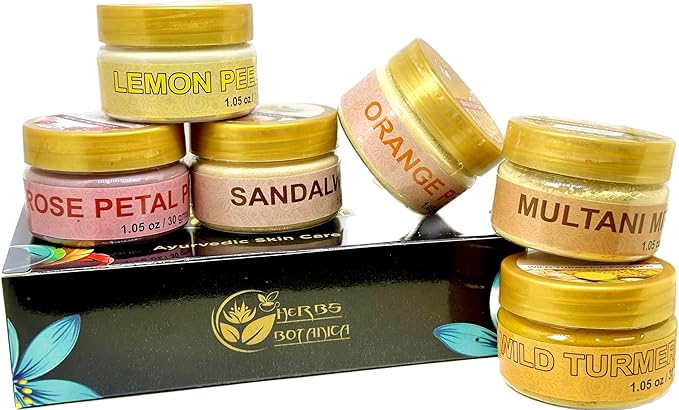 Herbs Botanica Natural Radiance Skin Care Sampler | Sandalwood Powder, Orange Peel Powder, Lemon Peel Powder, Rose Petals Powder, Wild Turmeric Powder, Multanni Mitti Powder 1 oz Each In Gift Pack