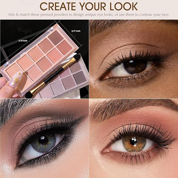 10 Colors Nude Eyeshadow Palette, Matte Beige Pink Brown Mauve Eye Shadow for Older Women, Long Lasting Blendable Smooth Versatile Natural Cream-to-Powder Eyeshadow Makeup with Brush Travel Kit