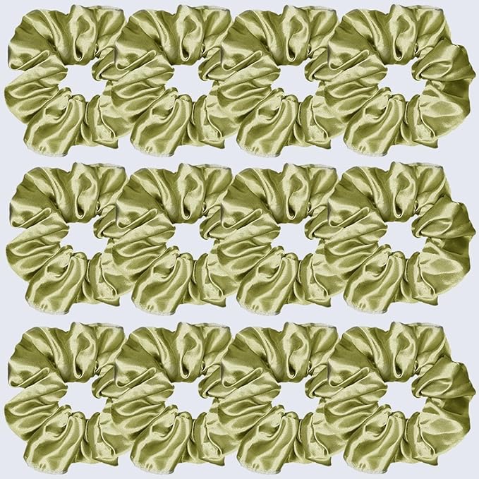 12 Pcs Satin Silk Scrunchies Soft Ties Fashion Bands Hair Bow Ropes Elastic Bracelet Ponytail Holders Hair Accessories for Women and Girls (4.5 Inch, Olive Green)