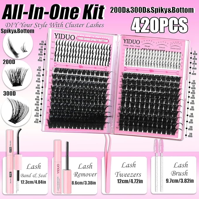 YIDUO Lashes Clusters Kit 200D+300D+Spikes+Bottom Cluster Lash Extensions Kit with Lash Bond and Seal |Tweezers |Removers |Eyebrow Brush (200D+300D-10-18MIX Thick Kit)