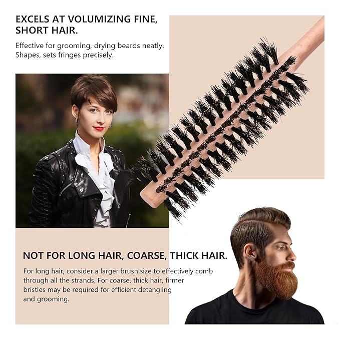 PERFEHAIR Small Round Brush - Boar Bristle for Short Hair, Portable & Effective for Fine, Thinning Hair & Beard Styling