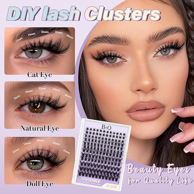B&Q Victory Lash Clusters Invisible Band False Eyelashes Clusters Natural Cluster Eyelash Extensions Comfortable Individual Lashes Extension DIY Soft Eyelash Clusters（Victory-MIX8-18mm）