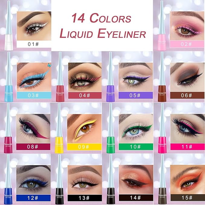 14 Colors Liquid Color Eyeliner, Halloween Waterproof Matte Colored Eyeliners Smudge-proof Fluorescent Colorful Eyeline Face Body Paint Cosplay Gifts Mother's Day for Women