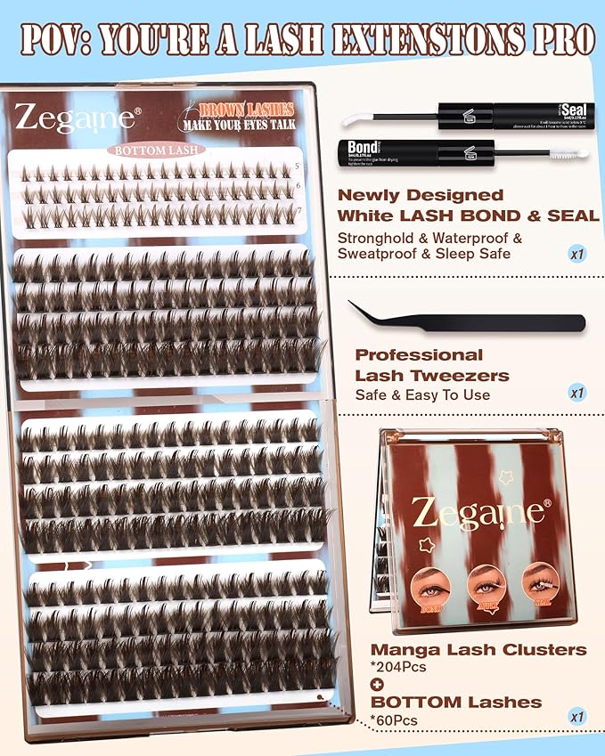 Zegaine Brown Lash Clusters Kit Dark Brown Lashes With Spikes Bottom Eyelash Clusters Manga Brown Cluster Lashes Kit With Lash Bond&Seal, Lash Tweezers Anime Cluster Eyelash Extensions 12-18MM 264Pcs