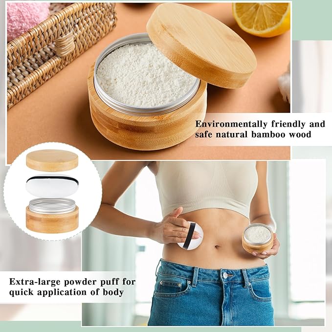 Frienda 150 ml Bamboo Loose Powder Puff and Container Empty Dusting Powder Jar for Body Face Makeup Travel Case Compact Case Holder with Sifter Lids and Puff