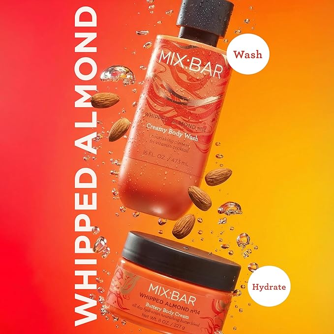 MIX:BAR Whipped Almond Creamy Body Wash for Women, Hydrating & Moisturizing with Niacinamide, Panthenol & Vitamin C - Vegan, Sulfate Free, Paraben Free, 16oz