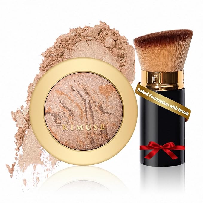 KIMUSE Baked Foundation - Brighten Color Correcting Powder Foundation with Retractable Kabuki Brush Makeup Set for Mature Skin, Buildable Coverage, Radiant Natural Finish