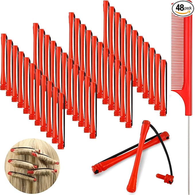 48 Pieces Hair Perm Rods Short Cold Wave Rods Plastic Perming Irons Hair Curling Rollers Curlers with Steel Pintail Comb Rat Tail Comb for Hairdressing Styling Supplies(0.2 Inch,Red)