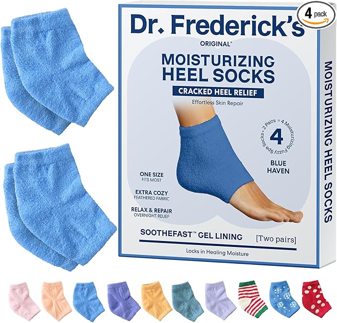 Dr. Frederick’s Original Moisturizing Fuzzy Heel Socks - Cozy Gel-Lined Socks for Dry Cracked Heels - 2 Pairs - Overnight Foot Care with Olive Oil, Vitamin E - Gifts for Women & Men - Blue Haven