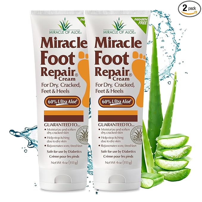 Miracle Foot Repair Cream, 4 oz Repairs Dry Cracked Heels and Feet, Diabetic-Safe, 60% Pure Ultra Aloe Moisturizes, Softens, and Repairs, Relief from Discomfort of Ingrown Toenails (2-Pack)