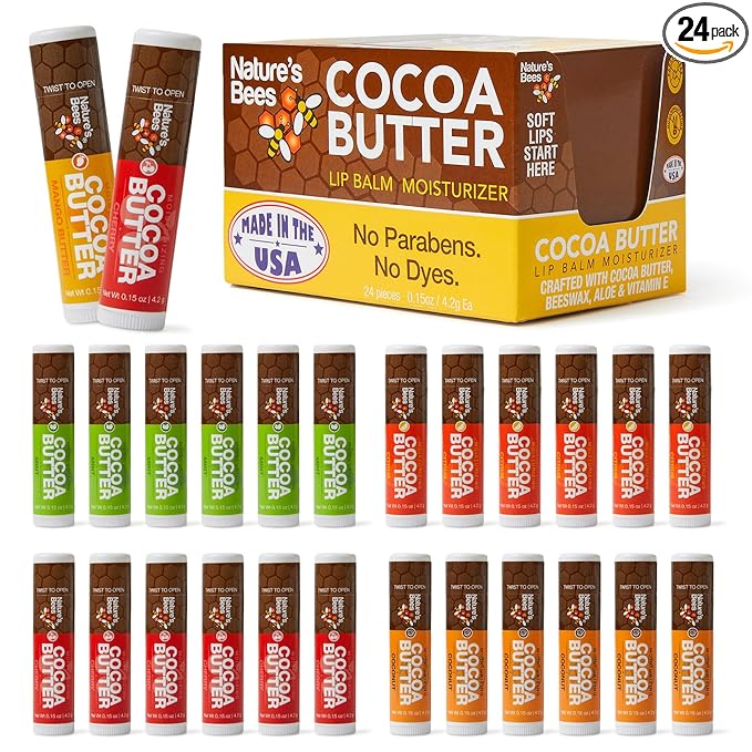 Nature's Bees Cocoa Butter Lip Balm, Lip Care for Dry Lips, Coconut Oil, Beeswax, Vitamin E, Aloe, & Shea Butter, 0.15 oz Each, 4 Flavors, Citrus, Coconut, Cherry, & Mint, 24 Pack - Packaging May Vary