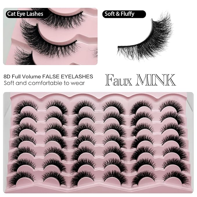 Cat Eye Lashes Natural Look 3D Mink Strip Lashes Wispy Short Fox Eye Eyelashes Mink Fluffy Lash Strips Cateye Faux Mink False Eyelashes Pack
