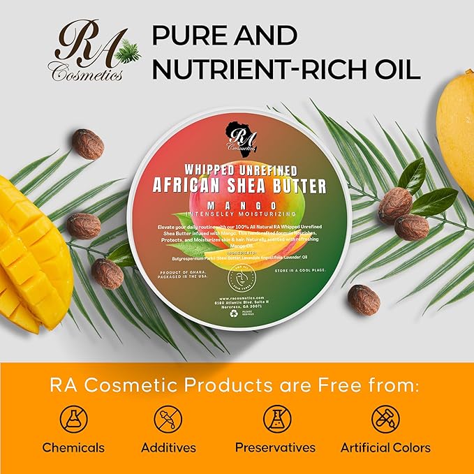 RA COSMETICS Whipped Shea Butter with Mango Extract – 100% Unrefined Shea Body Butter from Ghana – Moisturizes Skin, Nourishes & Conditions Hair, Scalp – Softens and Smooths Lips, Hands & Feet – 12oz