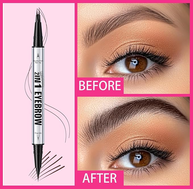 Eyebrow Pen, Waterproof 2-in-1 Dual-Ended Microblading Eyebrow Pencil Upgraded Eye Brow Pen with 2 Fork Tip for Natural-Looking Hair-Like Defined Brows, Last All-Day (Dark Brown)